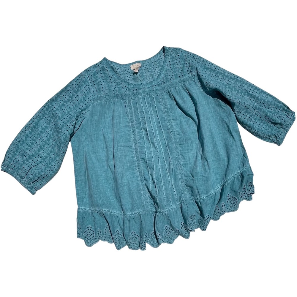 LOGO‎ Lavish Lori Goldstein Teal Blue Eyelet Embroidered Peplum Blouse 1XL